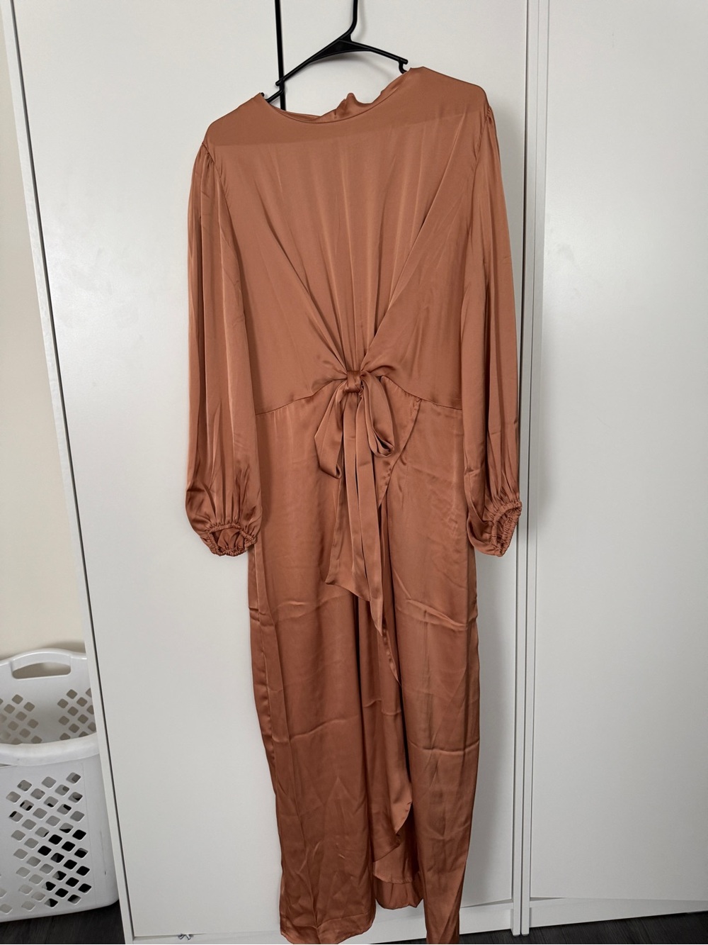 Rust Satin Long Sleeve Tie-Back Dress